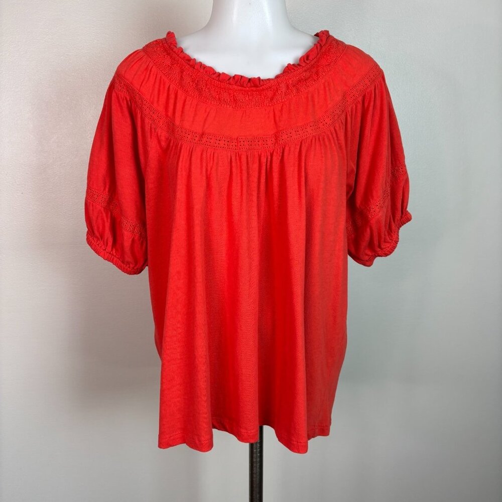 LOFT Top Large Orange  Eyelet Embroidered Crochet Short Sleeve Cotton Women's